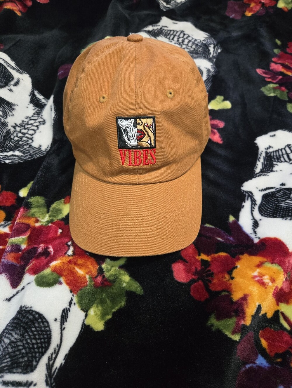 Tan Brown Embroidered Skull/Woman VIBES Adjustable Baseball Hat